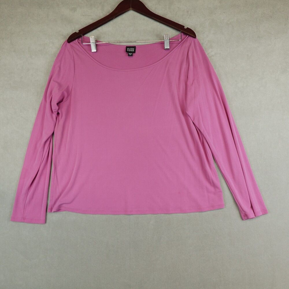 Eileen Fisher Silk Long Sleeve Top Tee Womens Large Minimalist Scoop Neck Pink